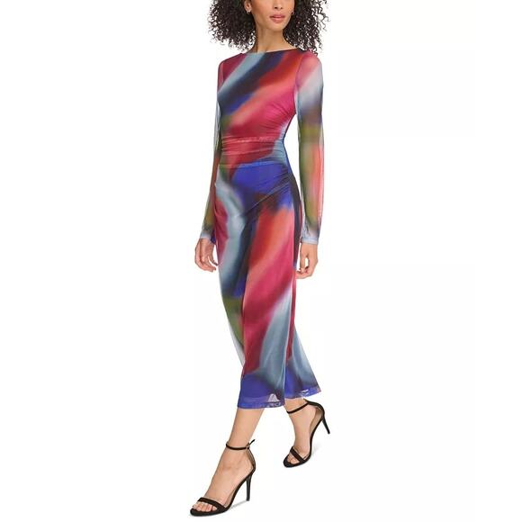 Vince Camuto Ruched Mesh Midi Bodycon Dress Long Sleeve Multi Size16 NWOT - Picture 2 of 12